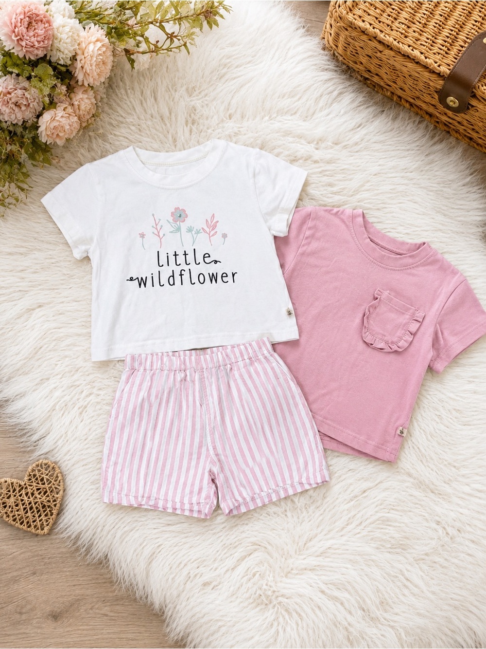 BearPaw 3 Piece Matching Outfit Sets- 2 Boxy Tees & Stripe Pocket Shorts Boho 2T